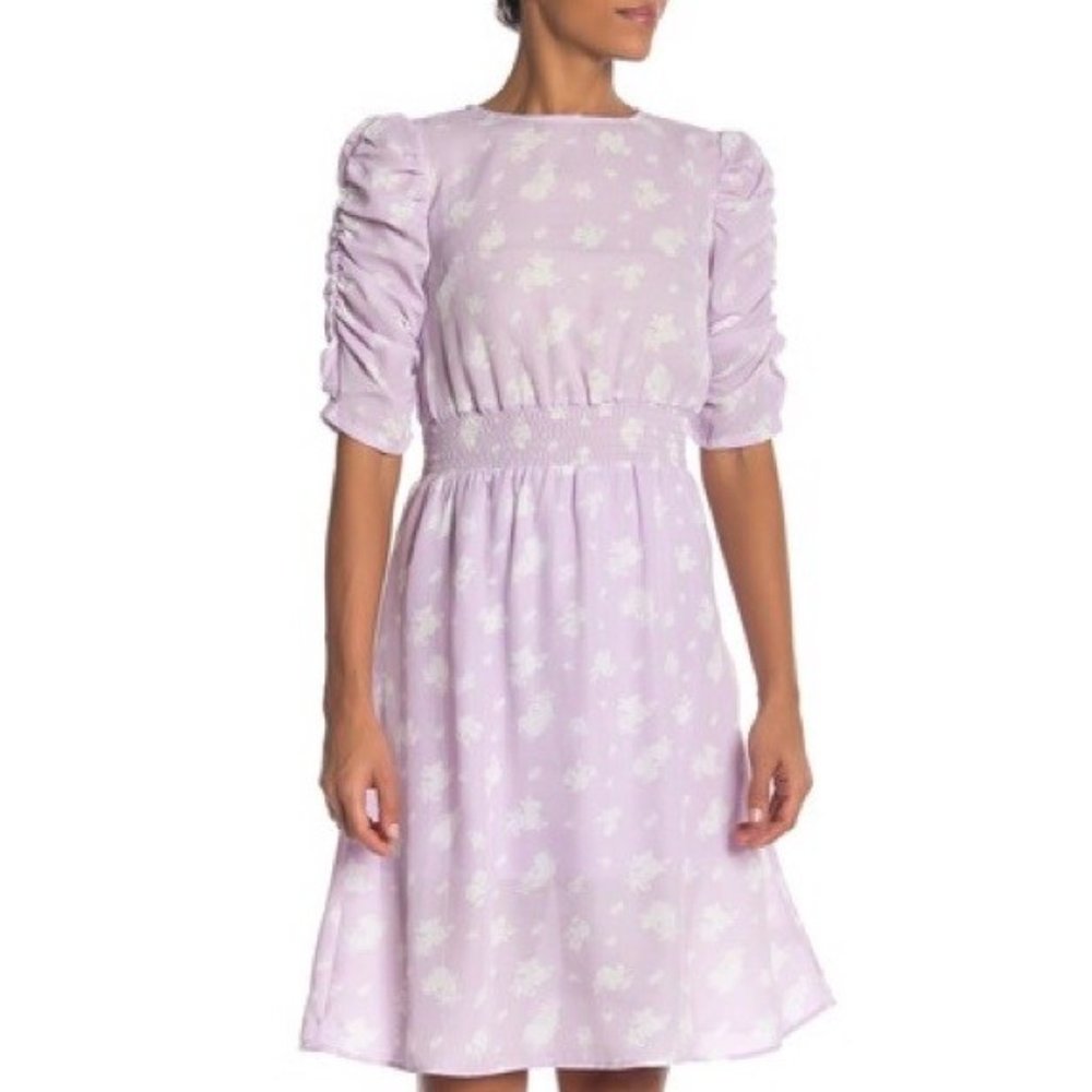 Bobeau | Lavender Floral Cinch Sleeve Dress Small
